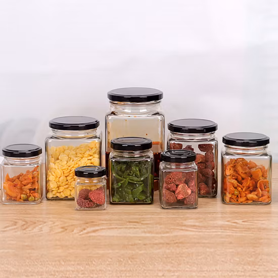 Carré 280 ml 380 ml 500 ml vide confiture miel pot de stockage des aliments récipient en verre avec bouchon en métal